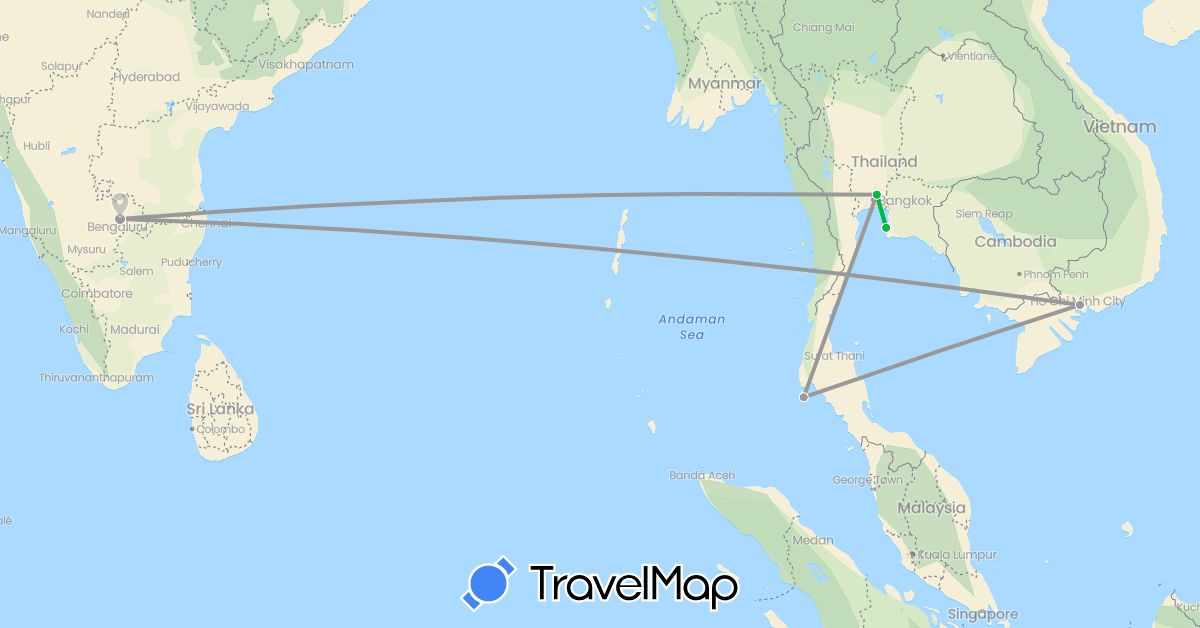 TravelMap itinerary: driving, bus, plane in India, Thailand, Vietnam (Asia)